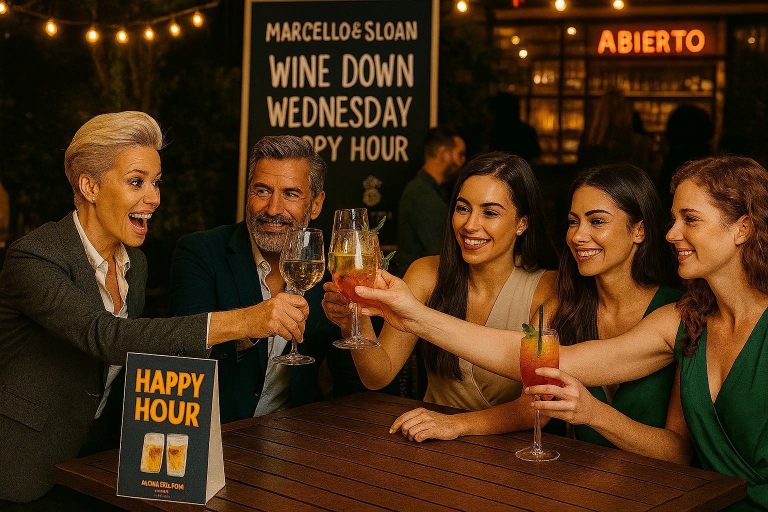 Group of smiling guests clinking glasses at a trendy outdoor happy hour with visible signage and branded ambiance