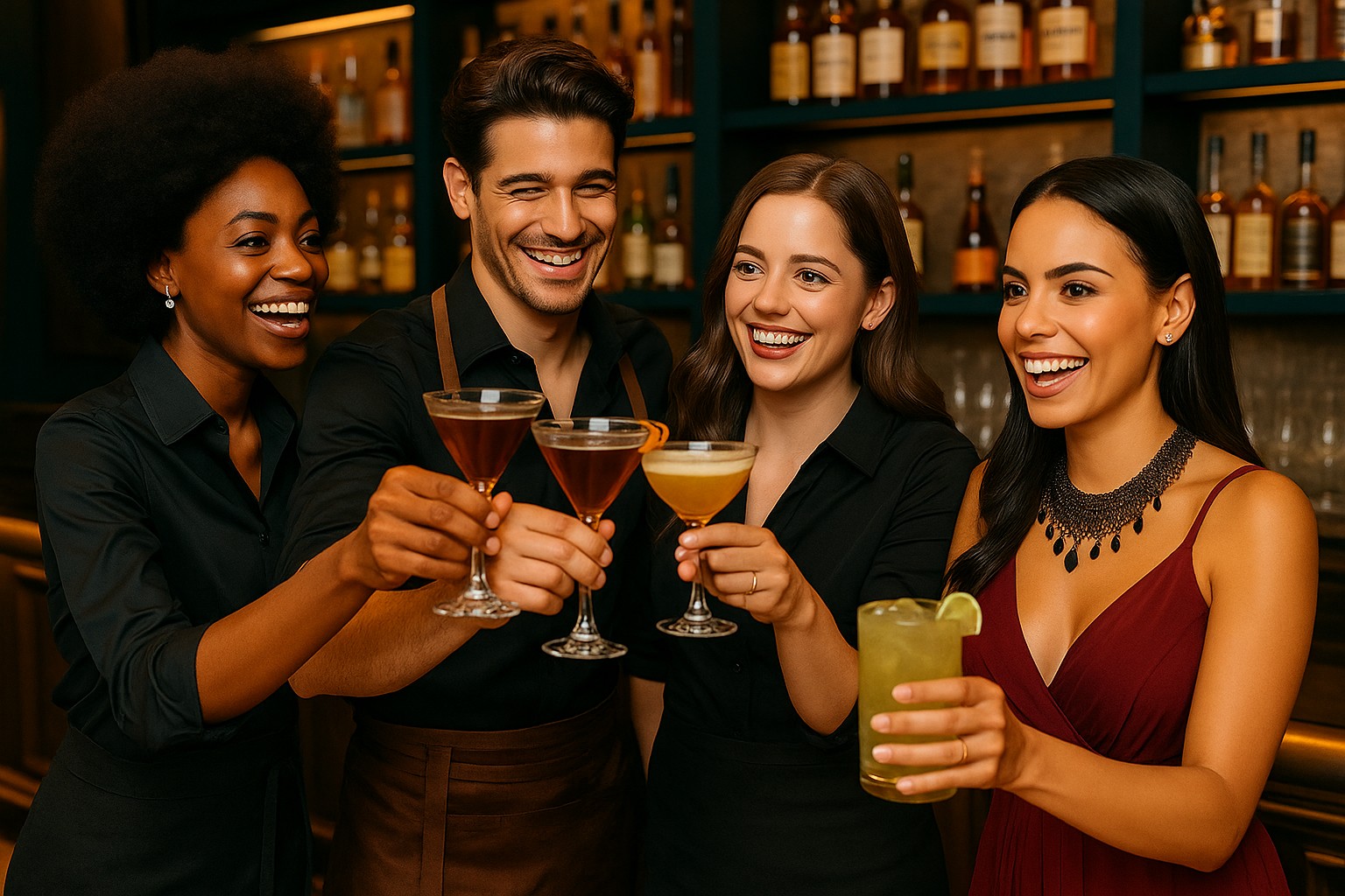 Smiling restaurant staff and guest clinking glasses with cocktails, celebrating around the bar