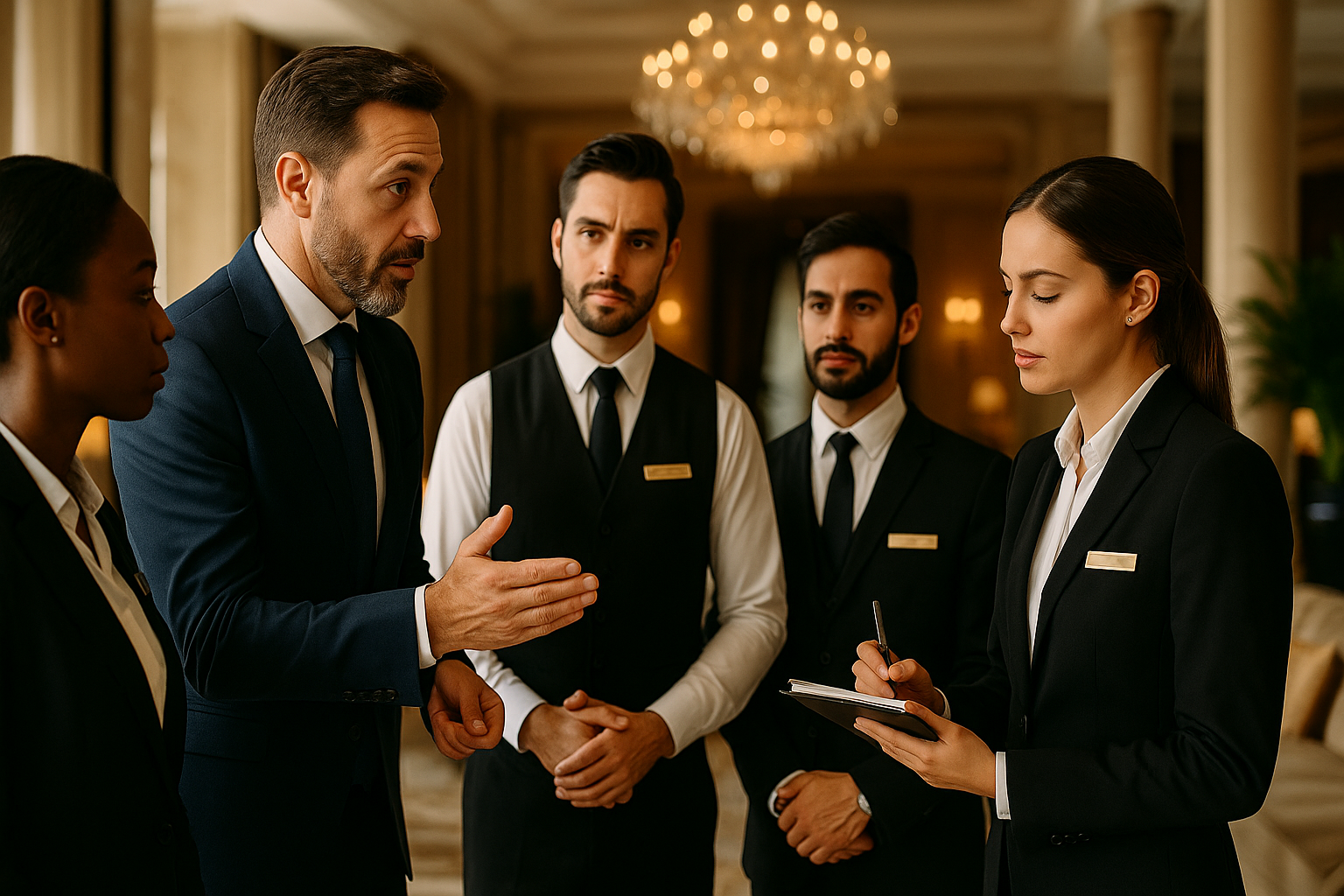 Hospitality manager coaching hotel staff in a luxury lobby during live service training, with a focus on leadership and guest standards