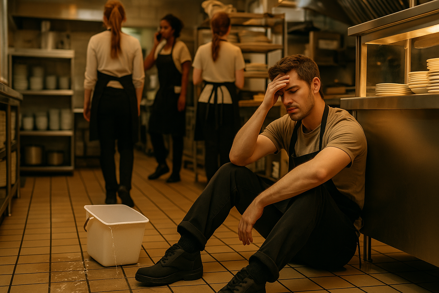Restaurant worker sits on kitchen floor in exhaustion while team moves in background, symbolizing burnout and the cost of poor retention.