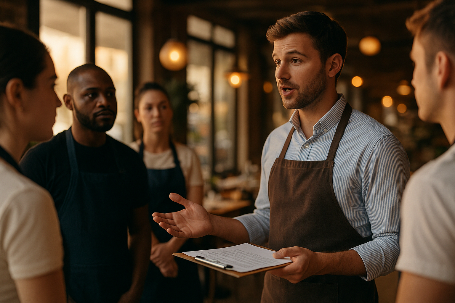 A young male restaurant supervisor gives instructions to a diverse team during pre-shift in a warmly lit dining room.