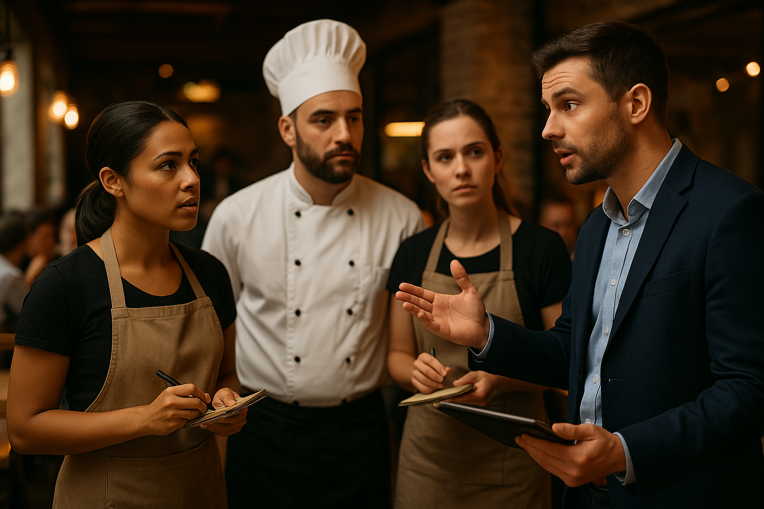 Restaurant manager giving clear instructions to servers and chef during pre-shift in a warm, bustling dining environment.