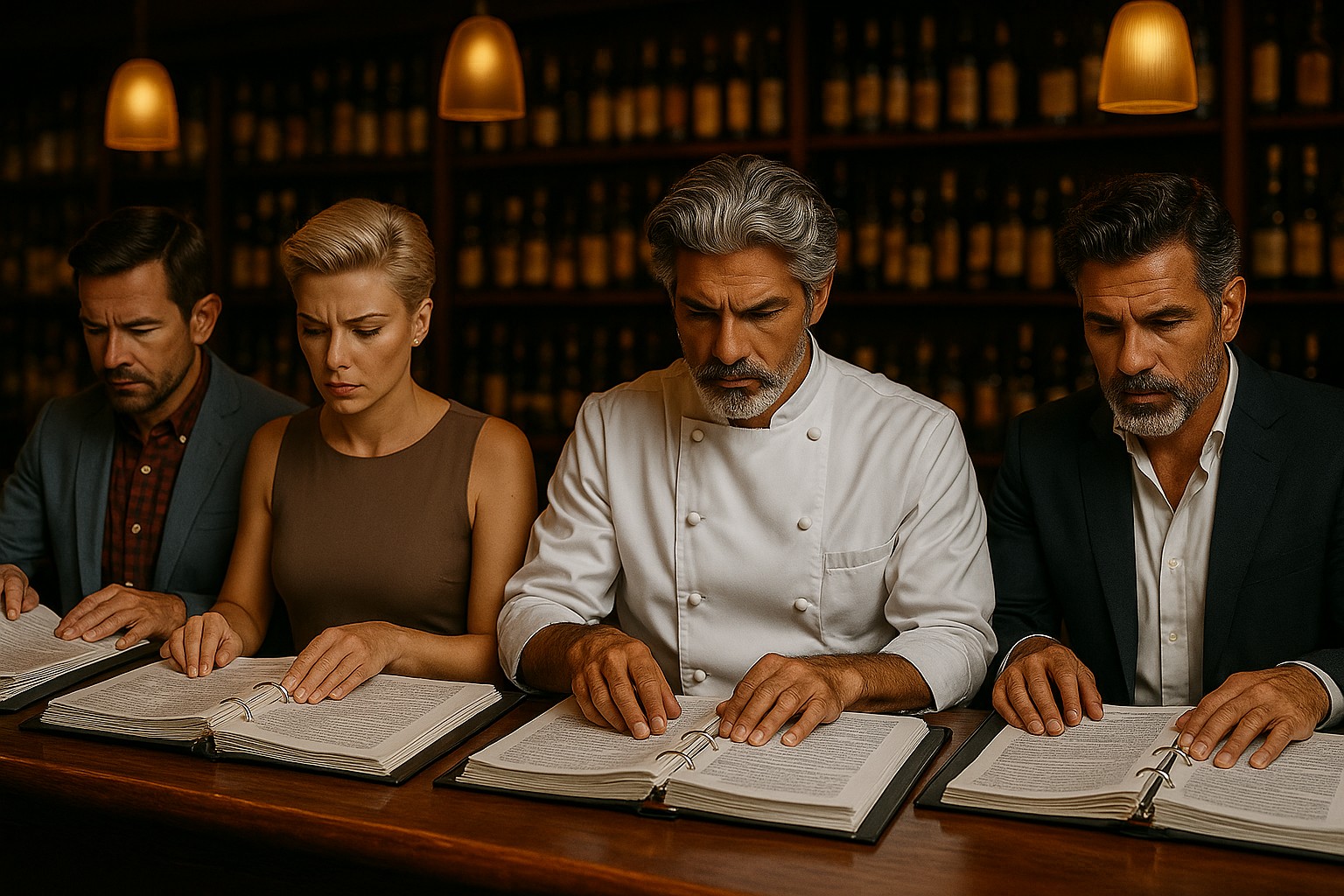 Hospitality managers and chef studying rule books, highlighting rigid leadership vs trust culture.