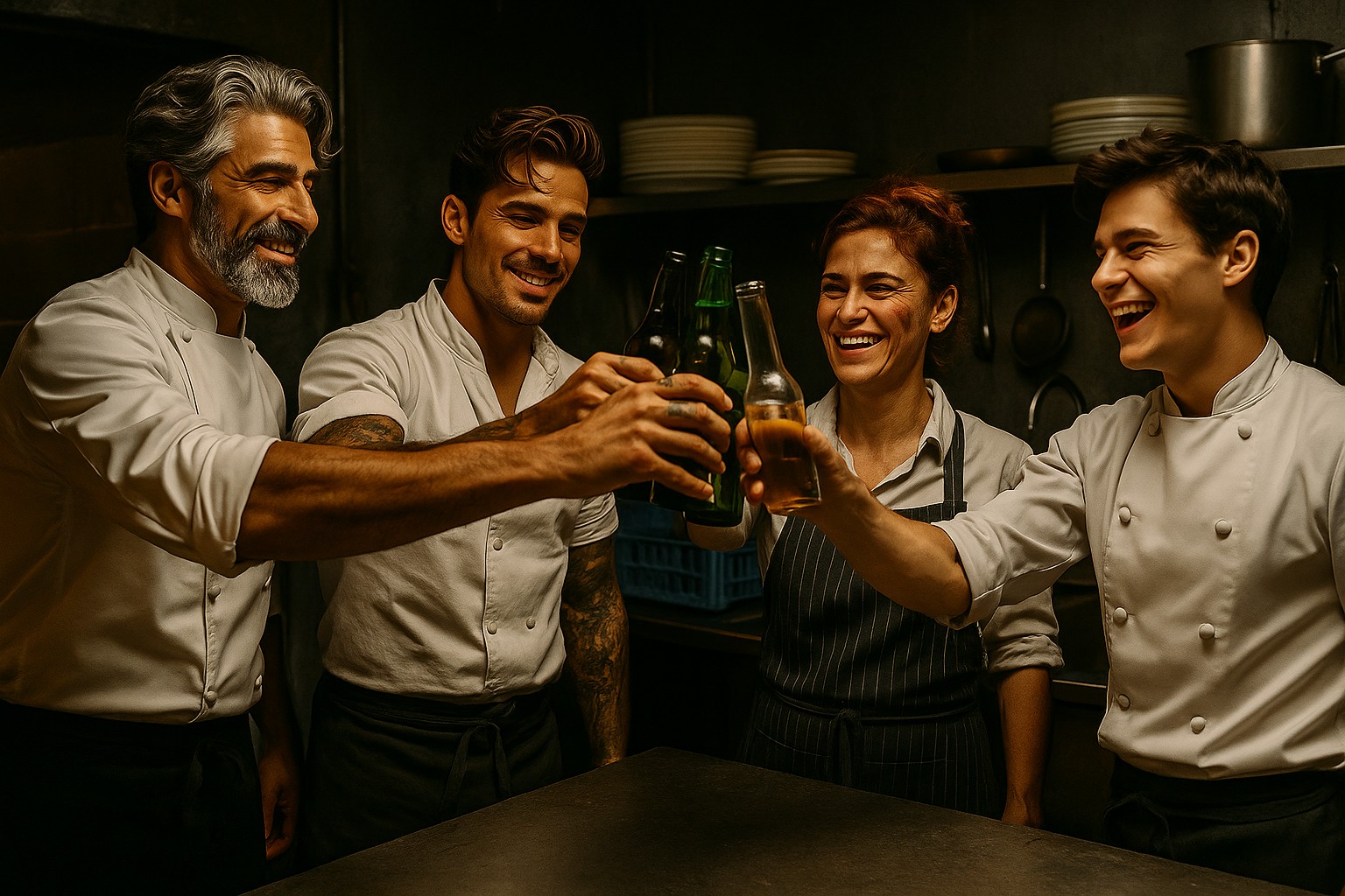 Smiling restaurant kitchen team celebrating after service with beers and shared laughter
