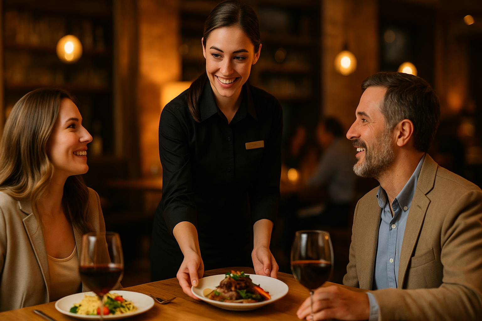 Server smiling at couple during dinner at a cozy restaurant, warm ambiance