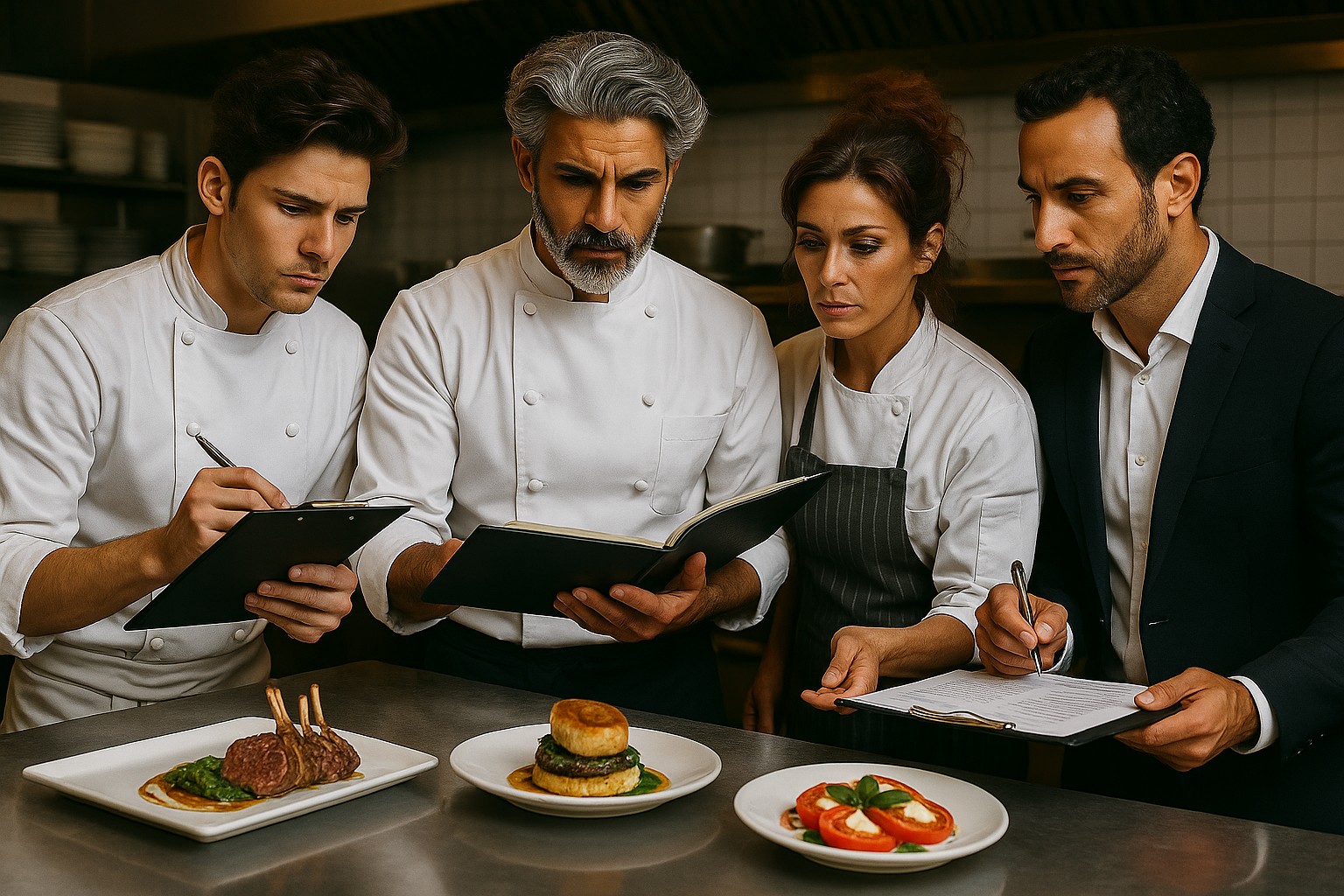 Restaurant team evaluating plated dishes and reviewing menus in a kitchen, focused on layout, language, and profitability strategy