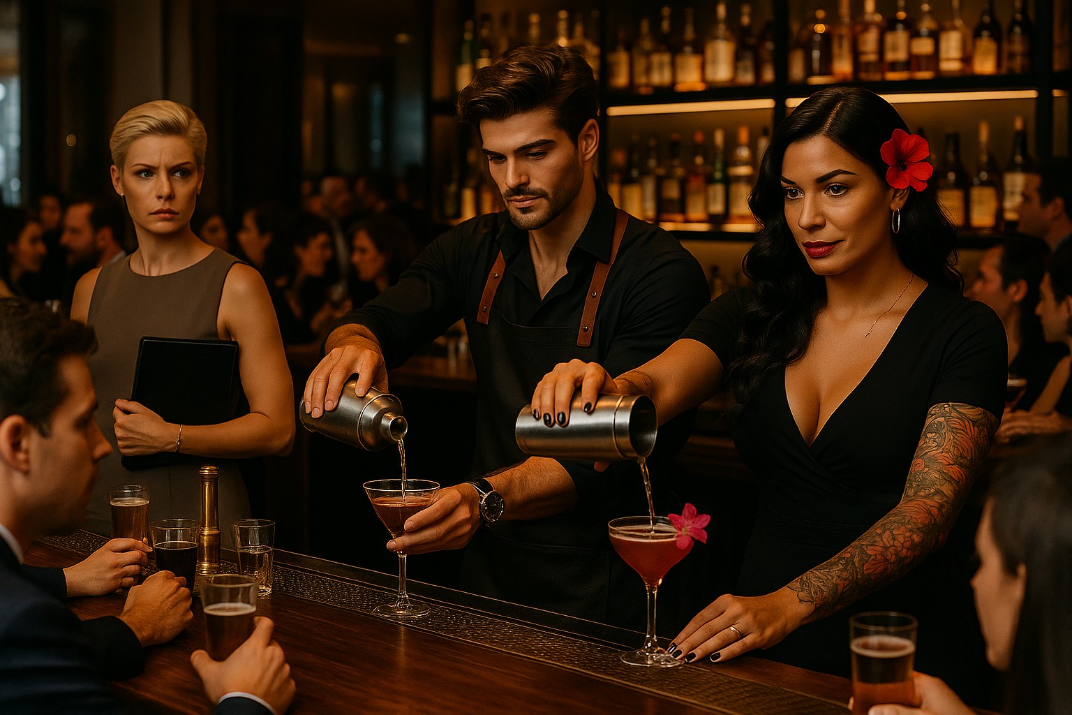 Bartenders at a busy upscale lounge prepare cocktails for guests seated at the bar, with a manager observing service, highlighting teamwork and the challenges of high-volume Happy Hour.